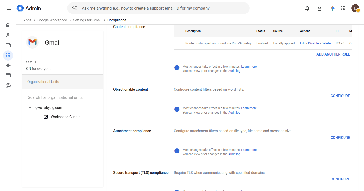 Content compliance list showing the RubySig rule enabled