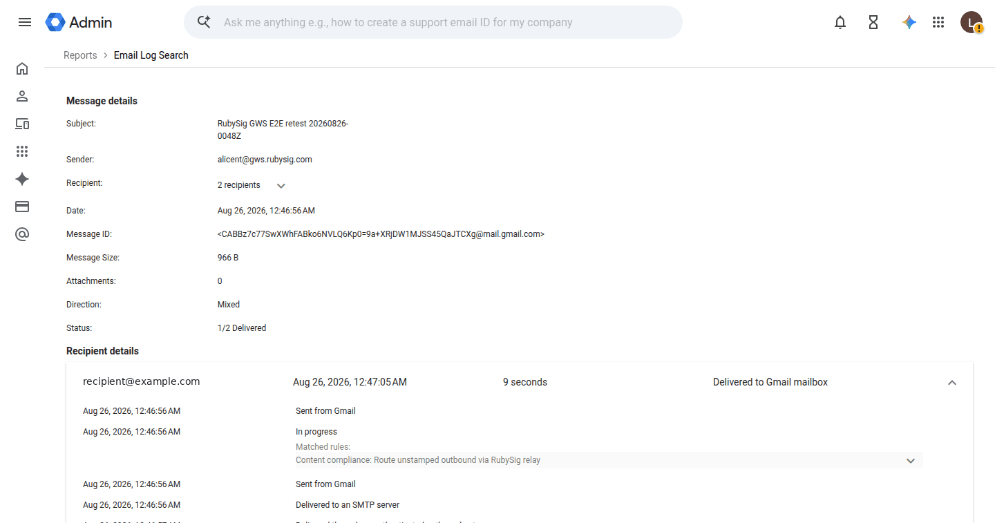 Email Log Search message details showing the matched RubySig rule and delivery
