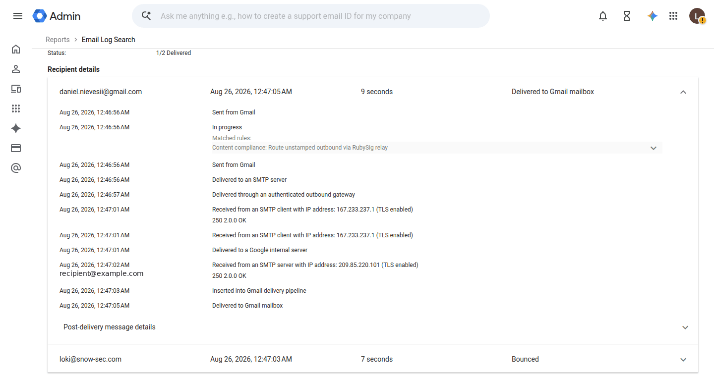 Email Log Search showing the relay round-trip