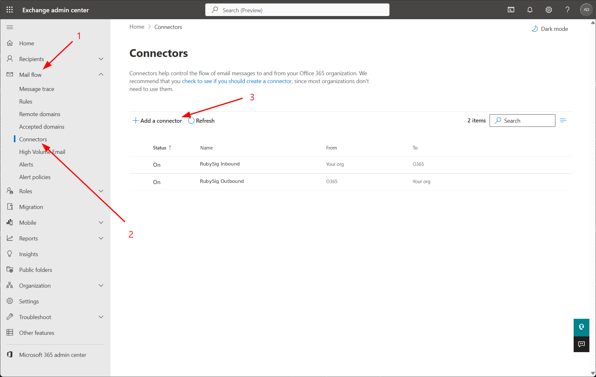 The Connectors page in the Exchange admin center with Add a connector highlighted