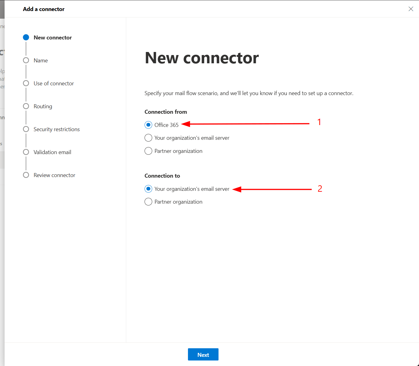 New connector screen: Connection from Office 365, Connection to Your organization's email server
