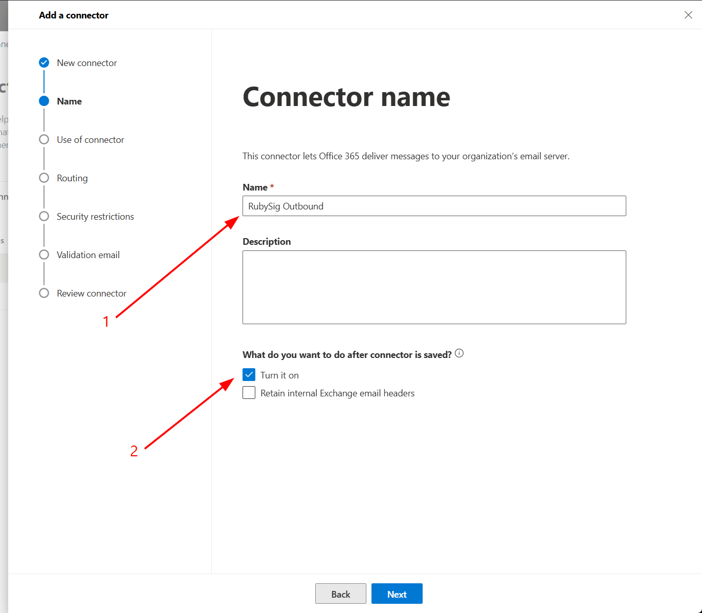 Connector name screen with RubySig Outbound entered and Turn it on ticked