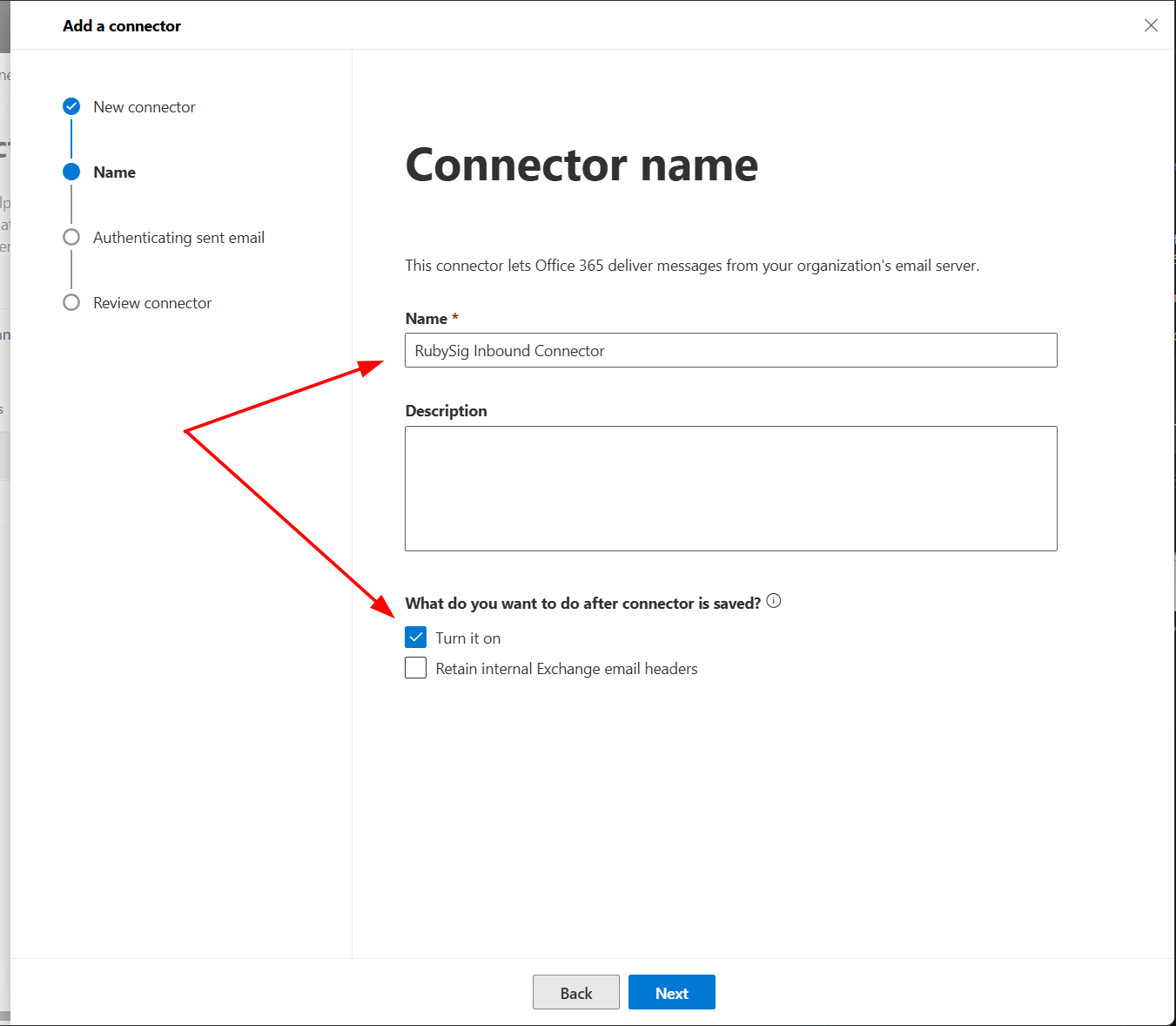 Connector name screen for the inbound connector
