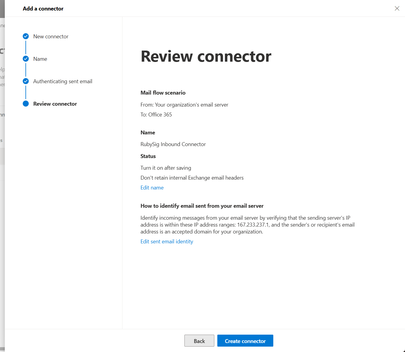 Review connector screen for the inbound connector