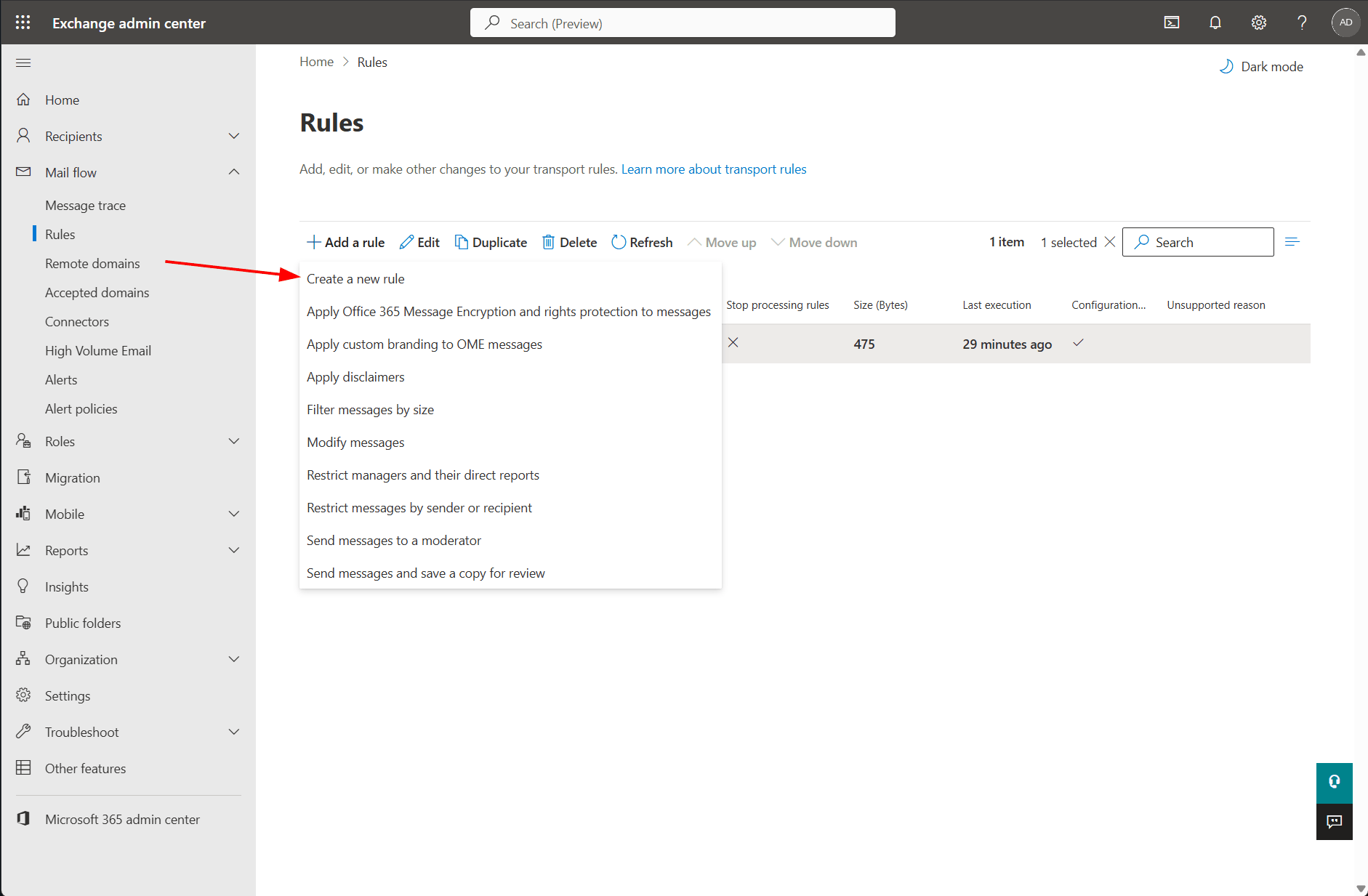 The Rules page with the Add a rule menu open and Create a new rule highlighted