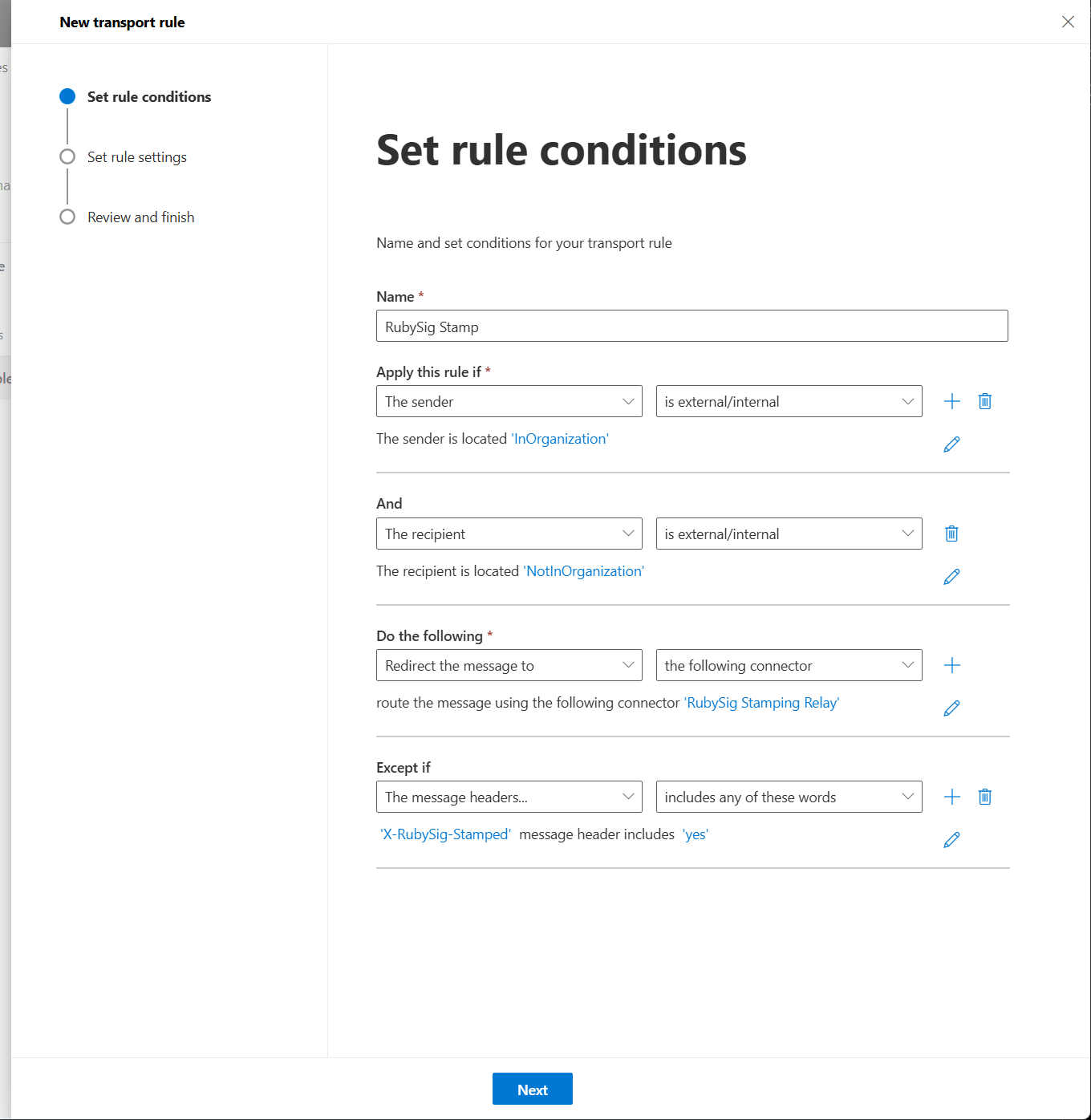 Set rule conditions screen with sender inside the organization, recipient outside, redirect to the RubySig connector, and the X-RubySig-Stamped exception