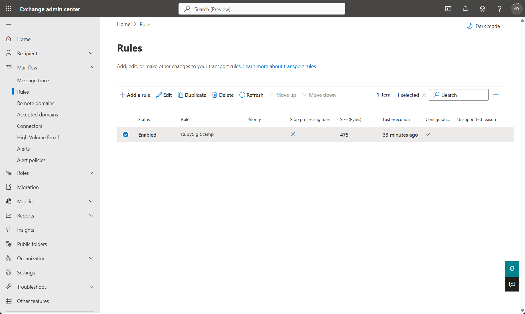 Rules list showing the RubySig rule enabled