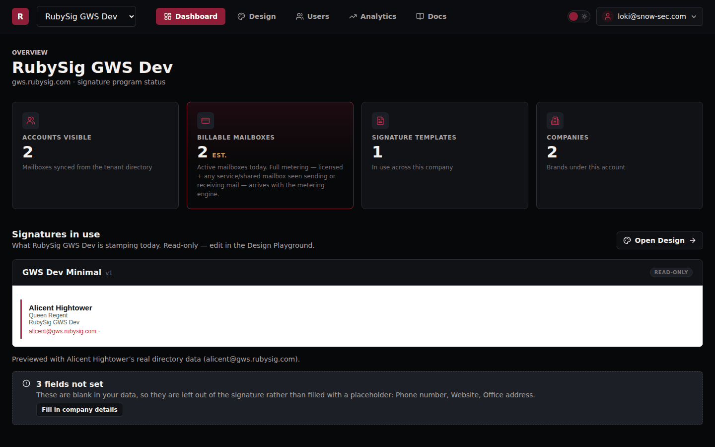 Dashboard preview of the live template with a note about unset fields