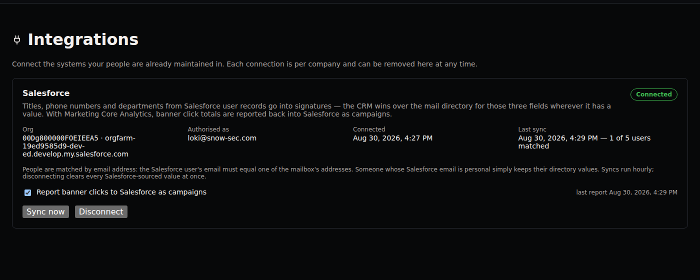 Integrations page with Salesforce connected