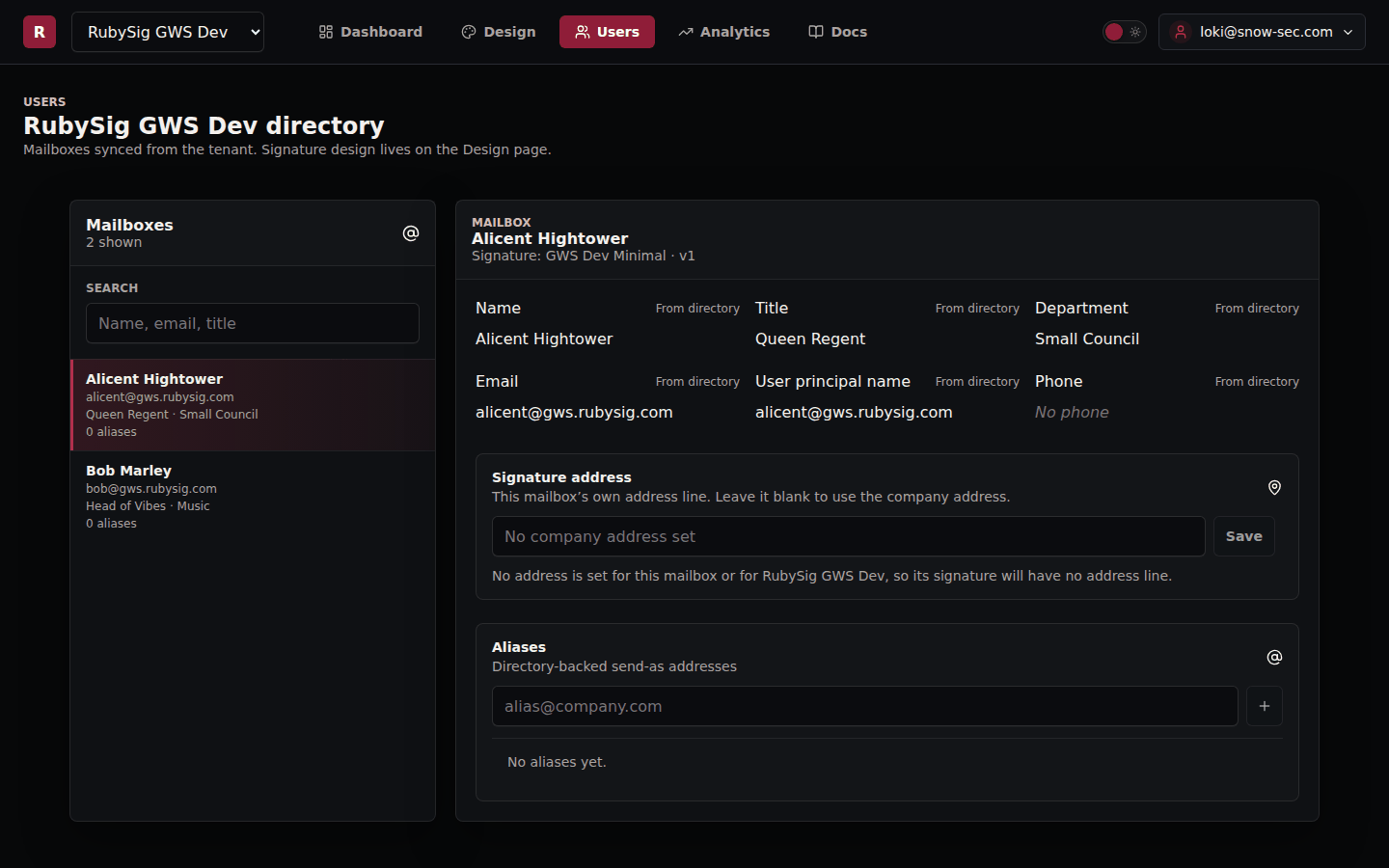 The Users page: mailbox list on the left, one mailbox's directory fields on the right